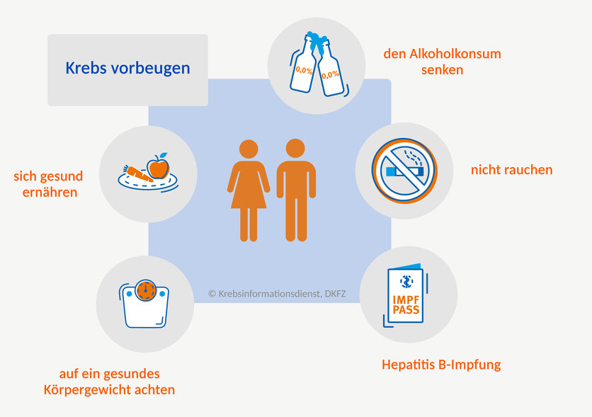 Mindmap was Fachleute empfehlen, um das Risiko für Gallenblasenkrebs und Gallengangskrebs zu senken: eine gesunde Ernährung, ein gesundes Körpergewicht, eine Hepatitis B-Impfung, nicht rauchen und wenig Alkohol trinken.