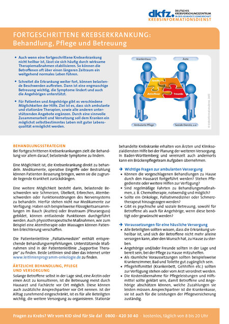 Vorschau vom Informationsblatt "Fortgeschrittene Krebserkrankung: Behandlung, Pflege und Betreuung"