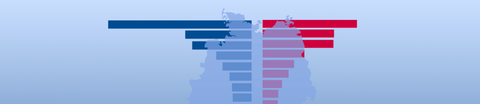 Über der Deutschlandkarte liegen Balken, die die Anzahl der Krebserkrankungen bei Männern (blau) und Frauen (rot) mit verschiedenen Krebsarten zeigen sollen.