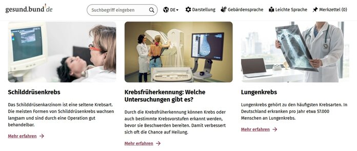 Screenshot der Internetseite gesund.bund.de zu Krebs.