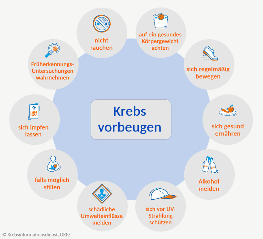 Dargestellt sind in Icons die Maßnahmen, die jeder ergreifen kann, um Krebs vorzubeugen: Rauchverzicht, rauchfreie Umgebung, Vermeidung von Übergewicht, regelmäßige Bewegung, gesunde Ernährung, meiden von Alkohol, UV-Schutz, Schutz am Arbeitsplatz vor krebserzeugenden Stoffen, Radon messen und meiden, als Frau stillen, gegen Hepatitis und HPV impfen und an der krebsfrüherkennung teilnehmen.